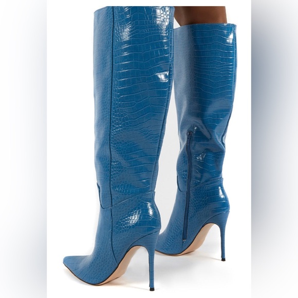 Go Wide Fit Blue Knee High Pointed Toe Stiletto Croc Boots Public Desire New - Picture 2 of 9